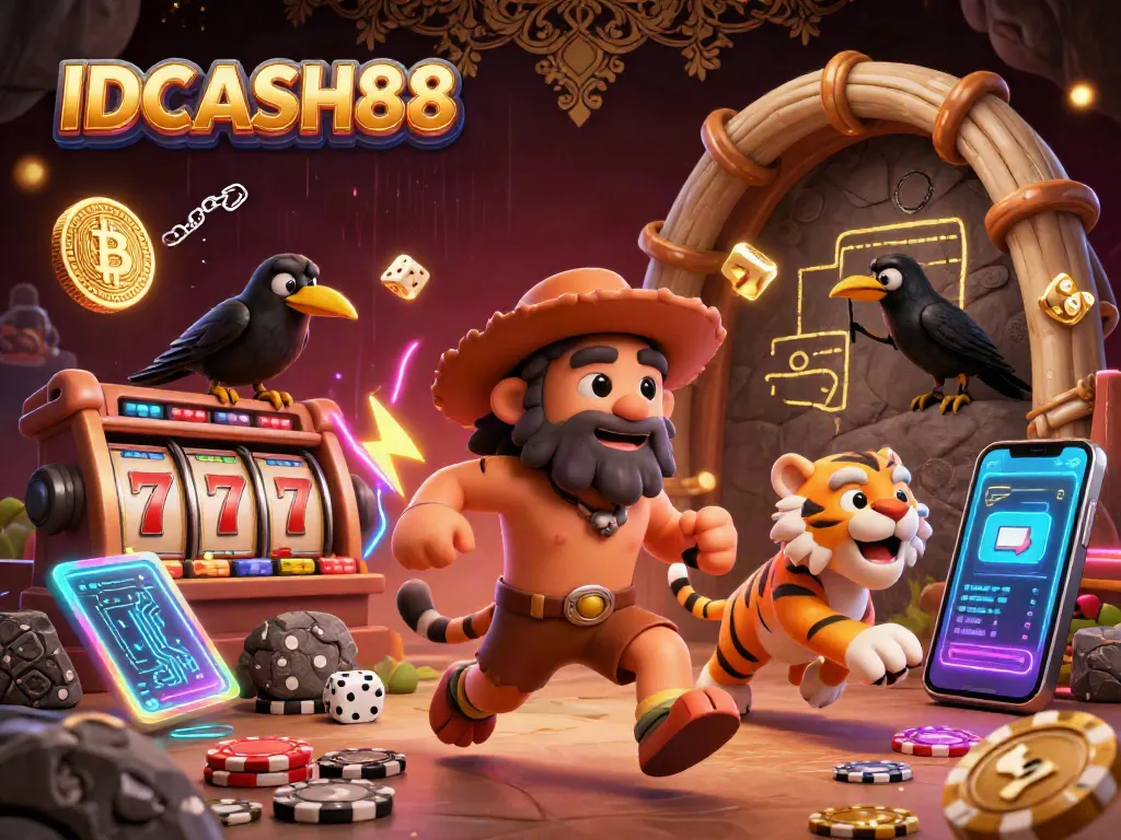 Spin games at IDCASH88 with a lively caveman, sabertooth tiger, and crow in a dynamic casino scene.