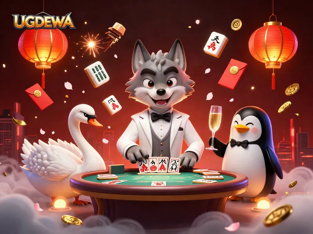 Engage in thrilling games at UGDEWA featuring a wolf, swan, and penguin in a vibrant casino scene.