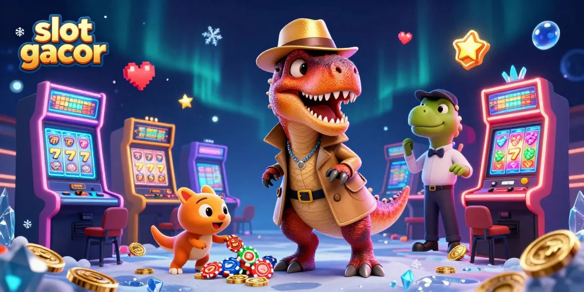 Experience the excitement of slot gacor with a velociraptor card counter amidst vibrant casino elements, showcasing thrilling action.