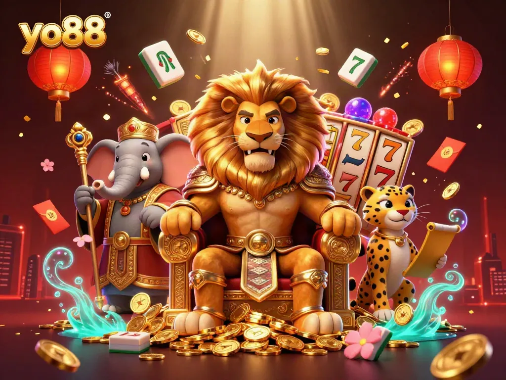 Experience thrilling gameplay at yo88 with a fierce lion king on a gold throne amidst exciting casino visuals.