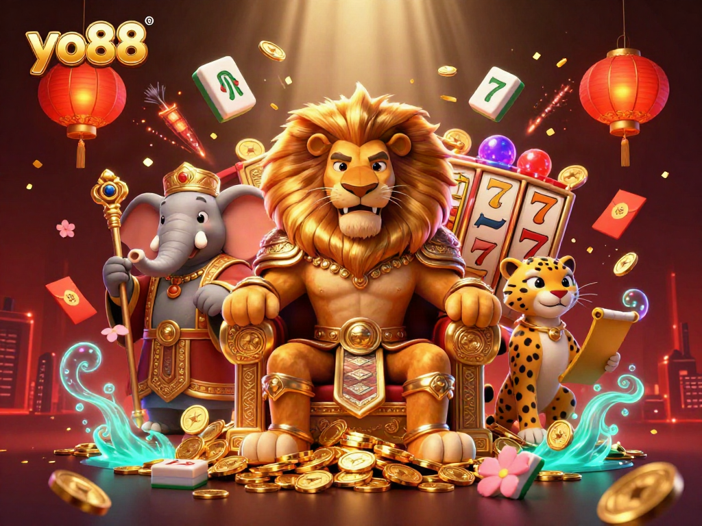 Experience thrilling gameplay at yo88 with a fierce lion king on a gold throne amidst exciting casino visuals.