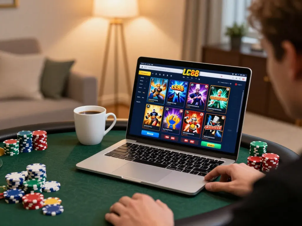 LC88 player wins big while engaging with an online casino game at home