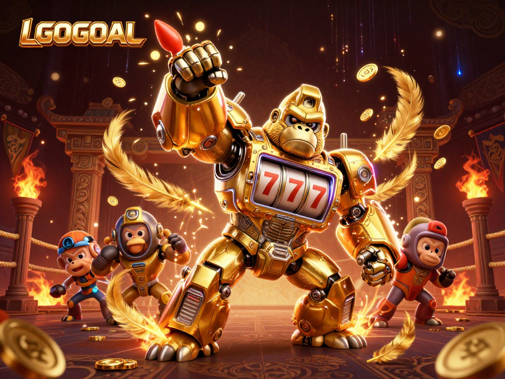 Engage with LGOGOAL's vibrant casino scene featuring a mech gorilla and energetic game elements.