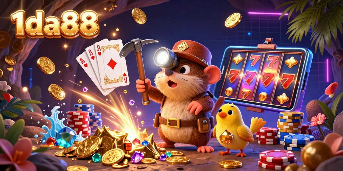 Experience the thrill of 1da88 casino adventures through this dynamic illustration featuring a treasure hunter mole amidst sparkling riches.