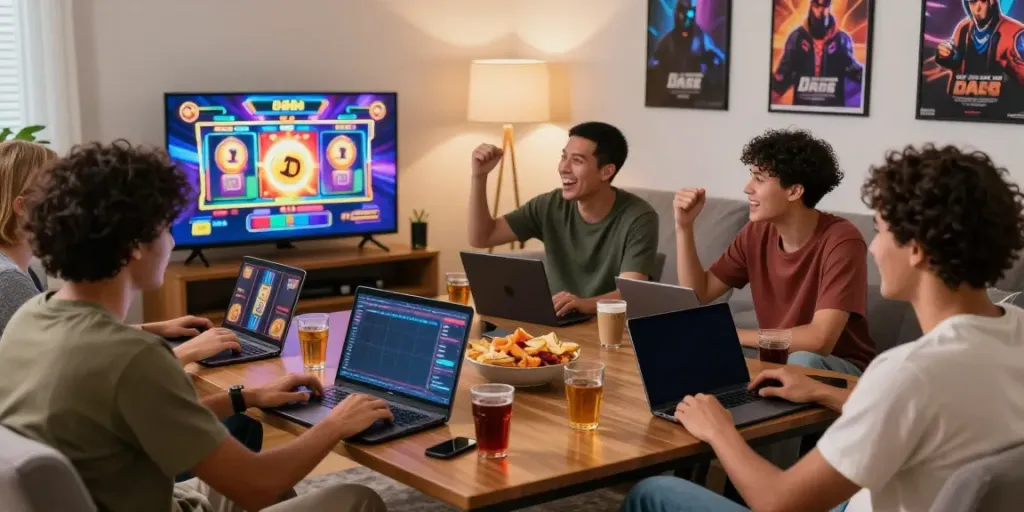 Exciting group gaming experience on DA88 with friends enjoying slot games and celebrating wins.