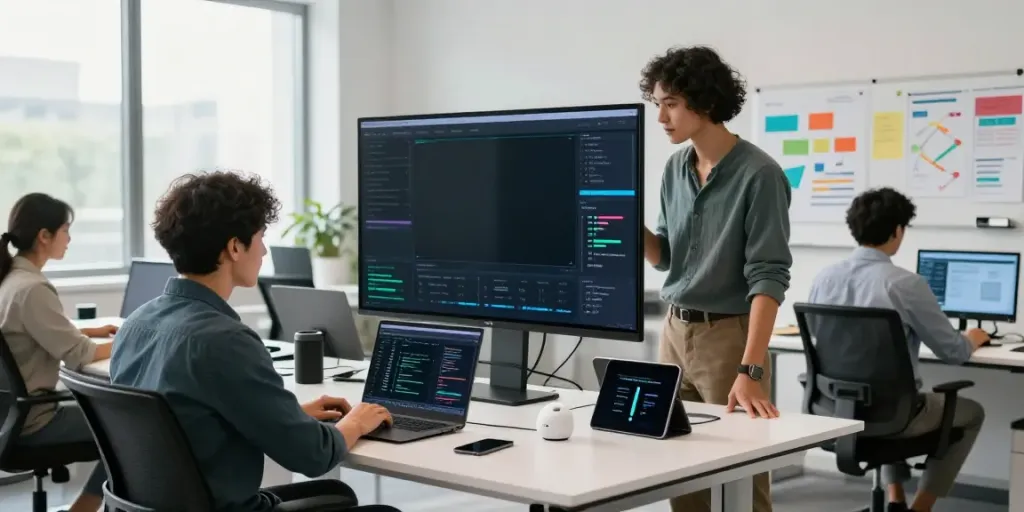 Team of developers working on Enterprise AI solutions within a modern office environment.