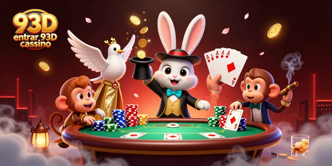 Ilustração 3D do 93D entrar 93D cassino com coelho mágico, pombas e um macaco roubando fichas de poker.