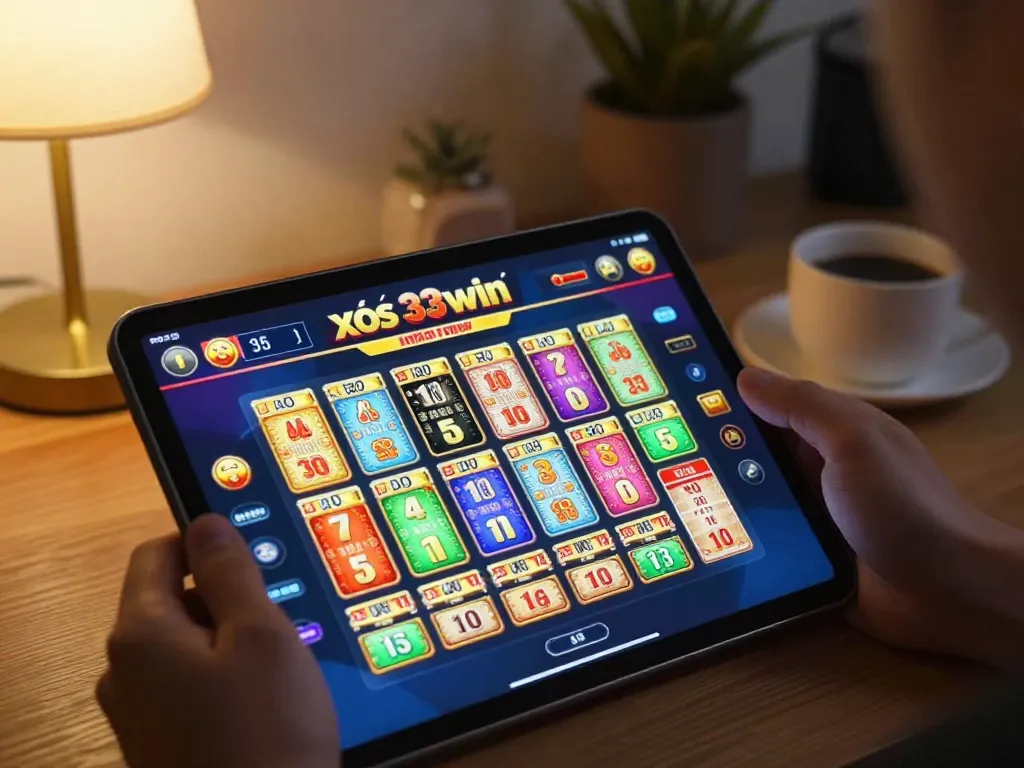 xổ số 33win gameplay on a tablet, showcasing engaging online lottery experience in a cozy home setup.