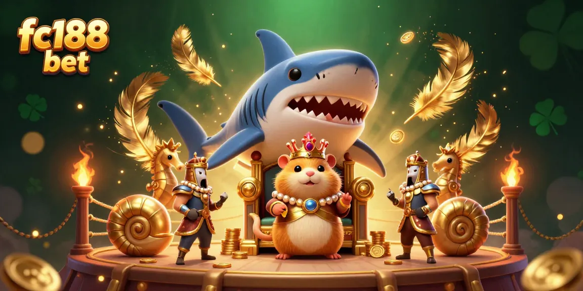 Engage in thrilling action with the golden hamster king on his megalodon throne at fc188 bet, surrounded by vibrant casino elements.