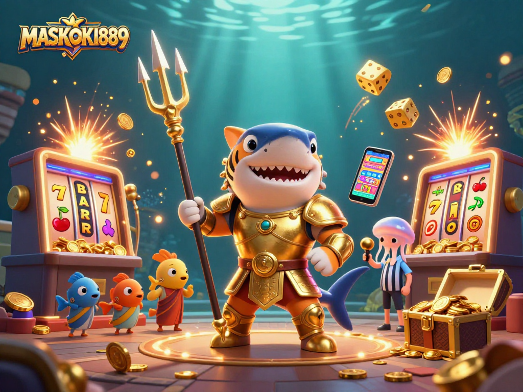 Experience the excitement of MASKOKI889 with a dynamic 3D underwater casino scene featuring a joker shark and jackpot slots.