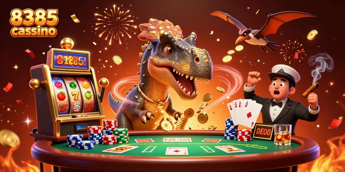 Caça-níqueis no 8385 cassino com dinossauros interagindo e ganhando prêmios.