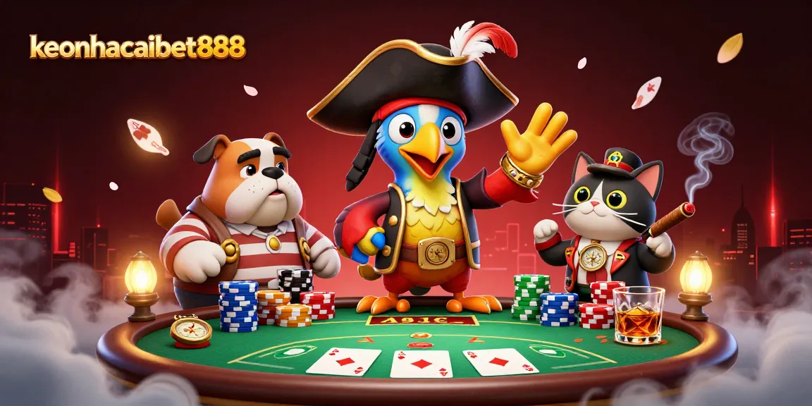 Engage in exciting games at keonhacaibet888 with a vibrant cartoon gambling scene including poker and casino elements.