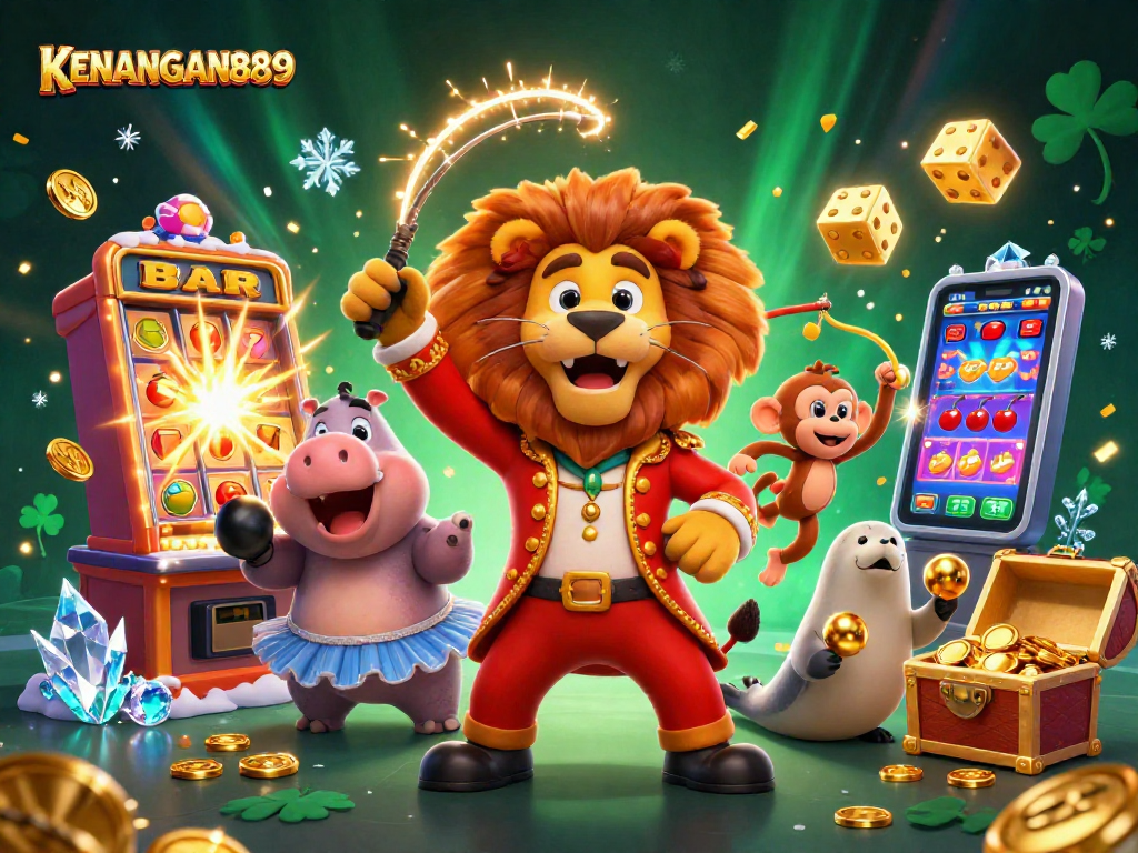 Experience thrilling wins with KENANGAN889's vibrant 3D illustration showcasing dynamic casino elements and characters.