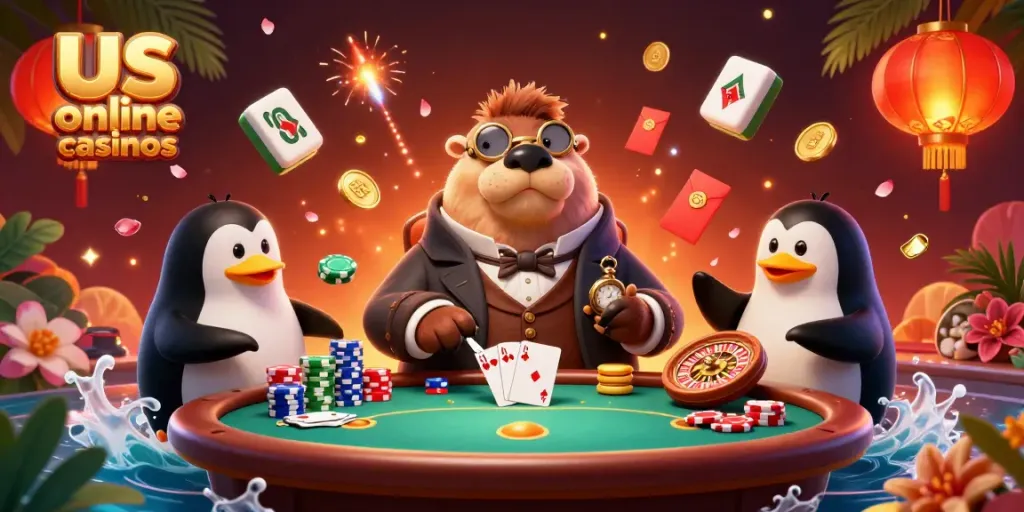 Experience fun at us online casinos with a jolly walrus and friends playing underwater poker.