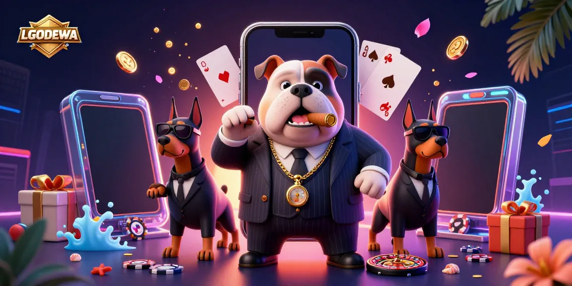 Experience LGODEWA with this vibrant scene showcasing a mafia boss bulldog playing slots, surrounded by casino elements.