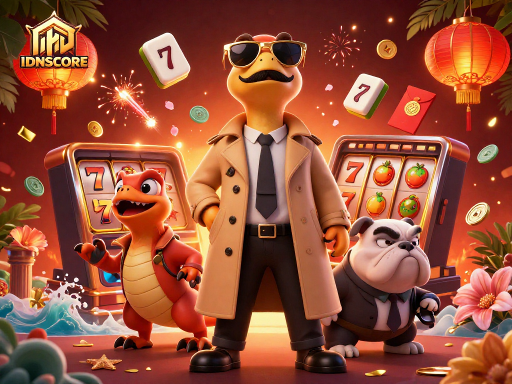 Engage with IDNSCORE's distinctive VIP entry scene featuring raptors in disguise at a vibrant casino.