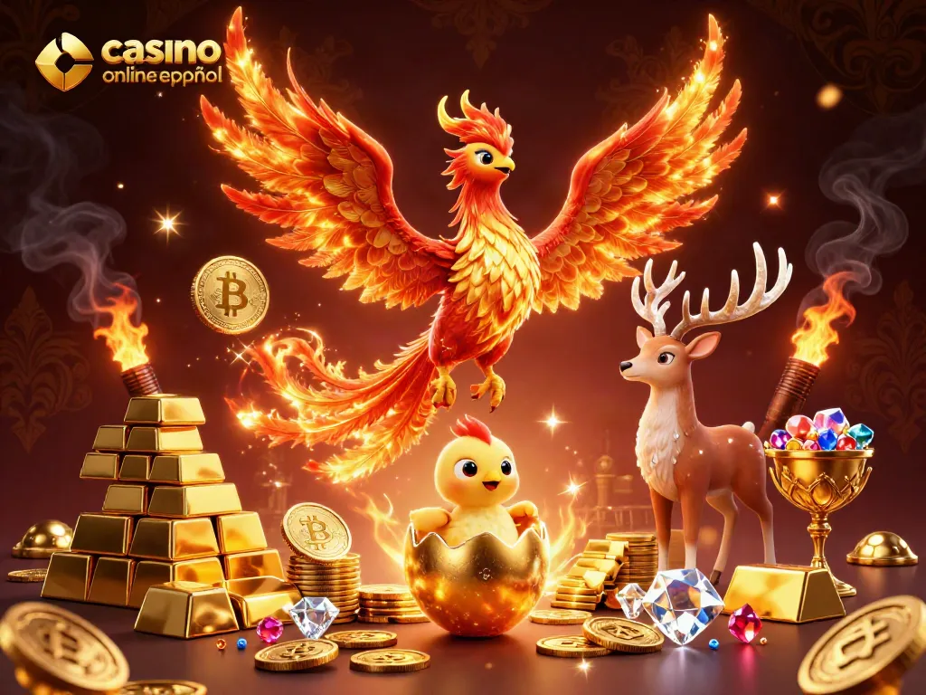 Disfruta de los emocionantes juegos en el casino online español mientras un fénix dorado vuela y un pequeño polluelo emerge de un huevo.