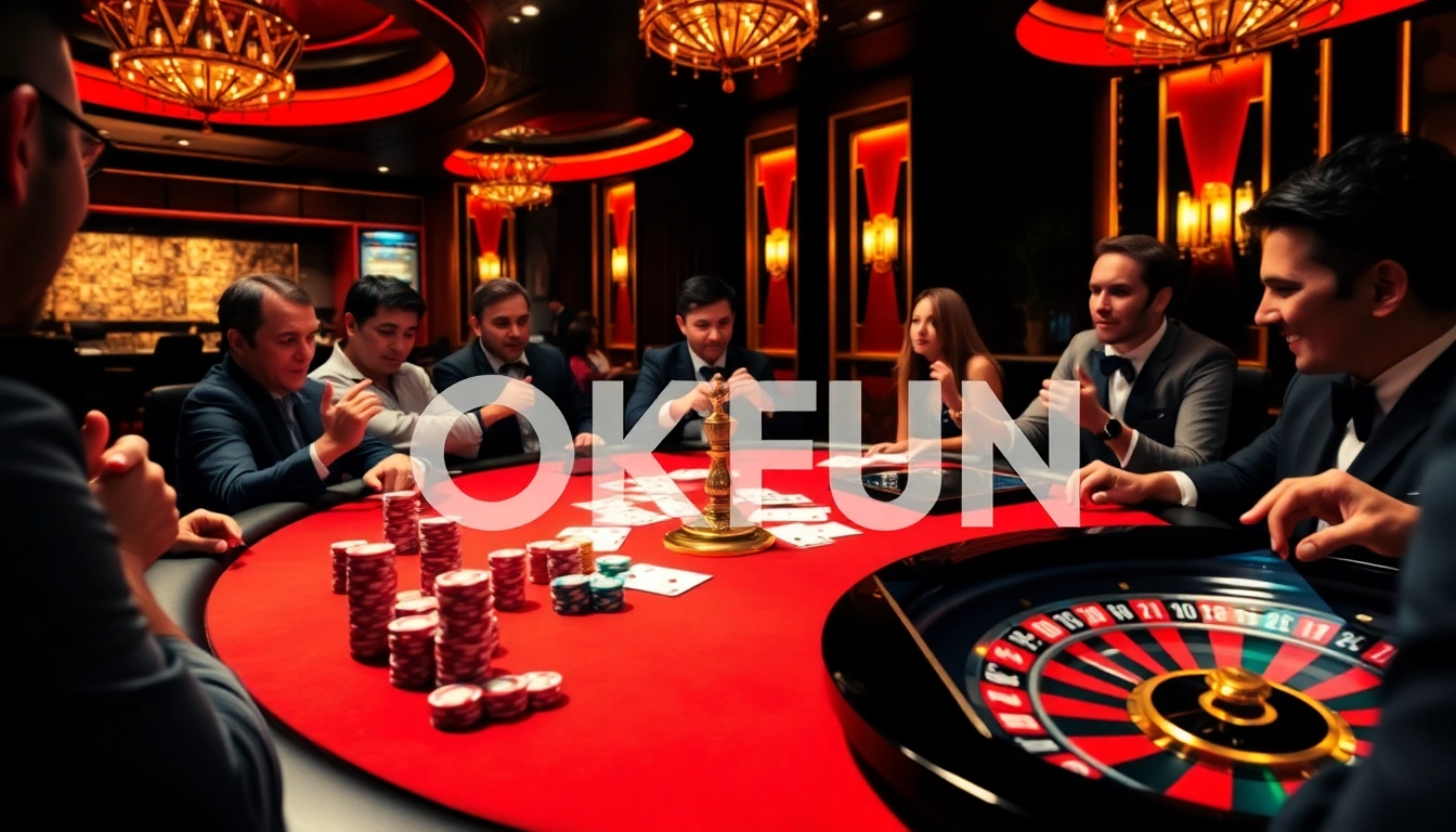 Enthusiastic players enjoying poker at OKFUN with colorful chips and vibrant roulette wheel.