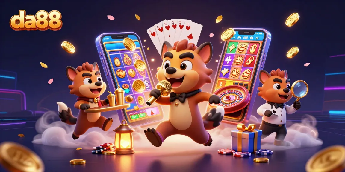 Experience the excitement of da88 with entertaining hyenas in a casino scene showcasing vibrant slot games and lively characters.