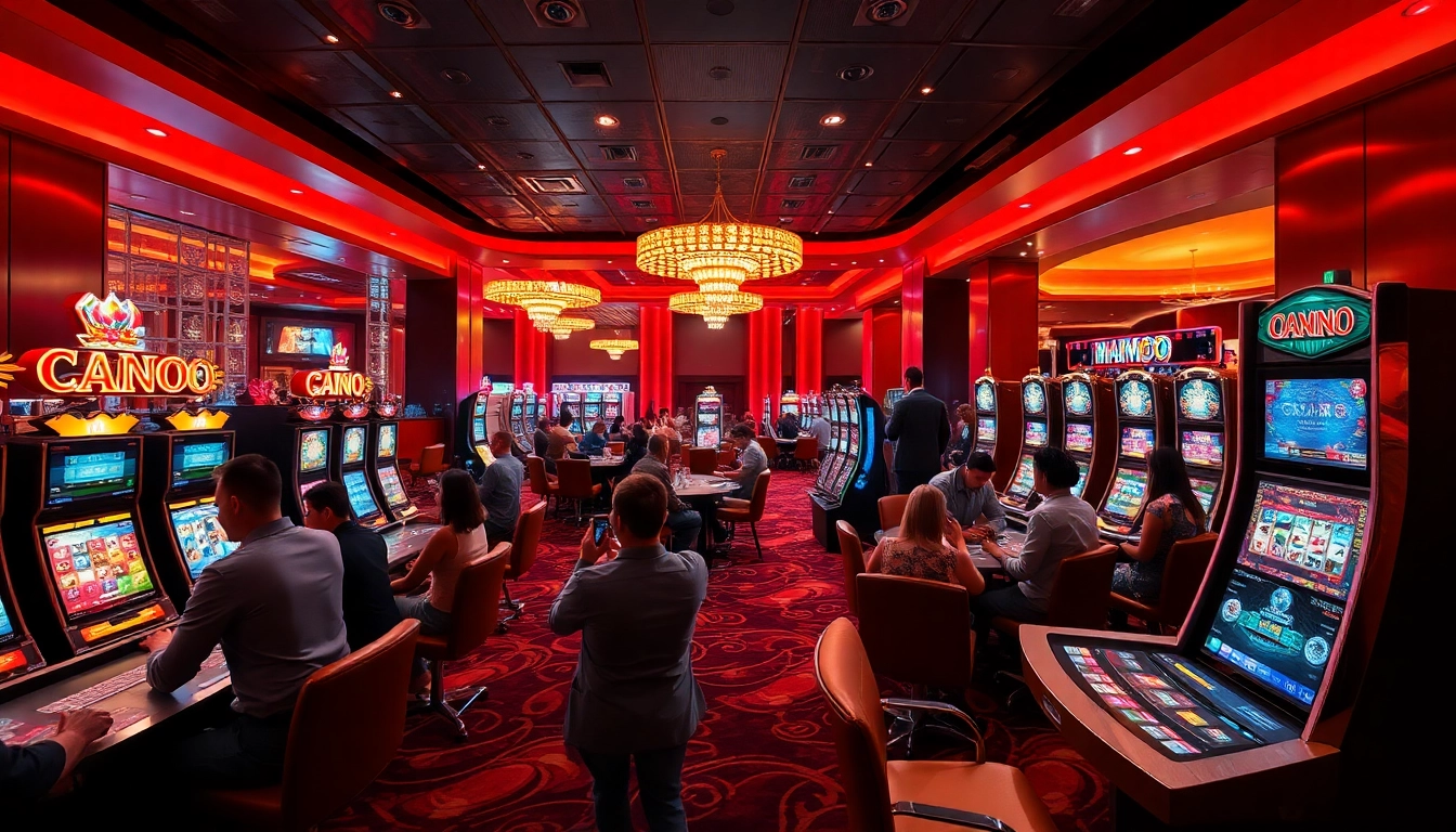 Exciting MMOO casino scene with players enjoying various games and vibrant, elegant decor
