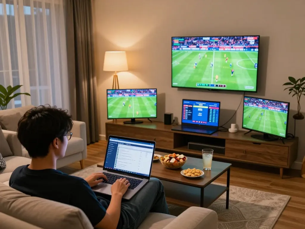 Kèo nhà cái sports betting enthusiast using laptop to place bets during live football match