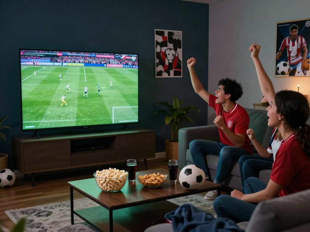 Excited friends watching a live football match on Cakhiatv in high definition.