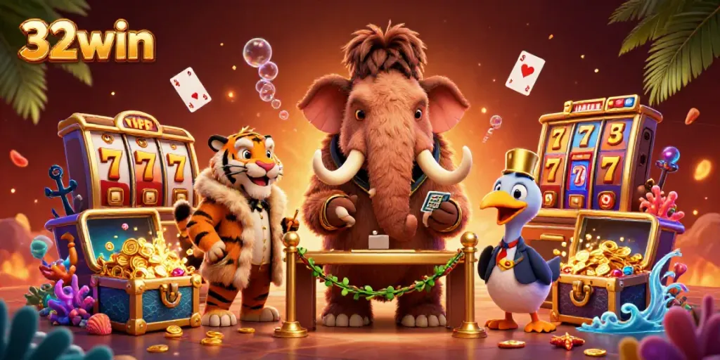 Experience thrilling gameplay with 32win's 3D casino characters in a vibrant, dynamic setting.