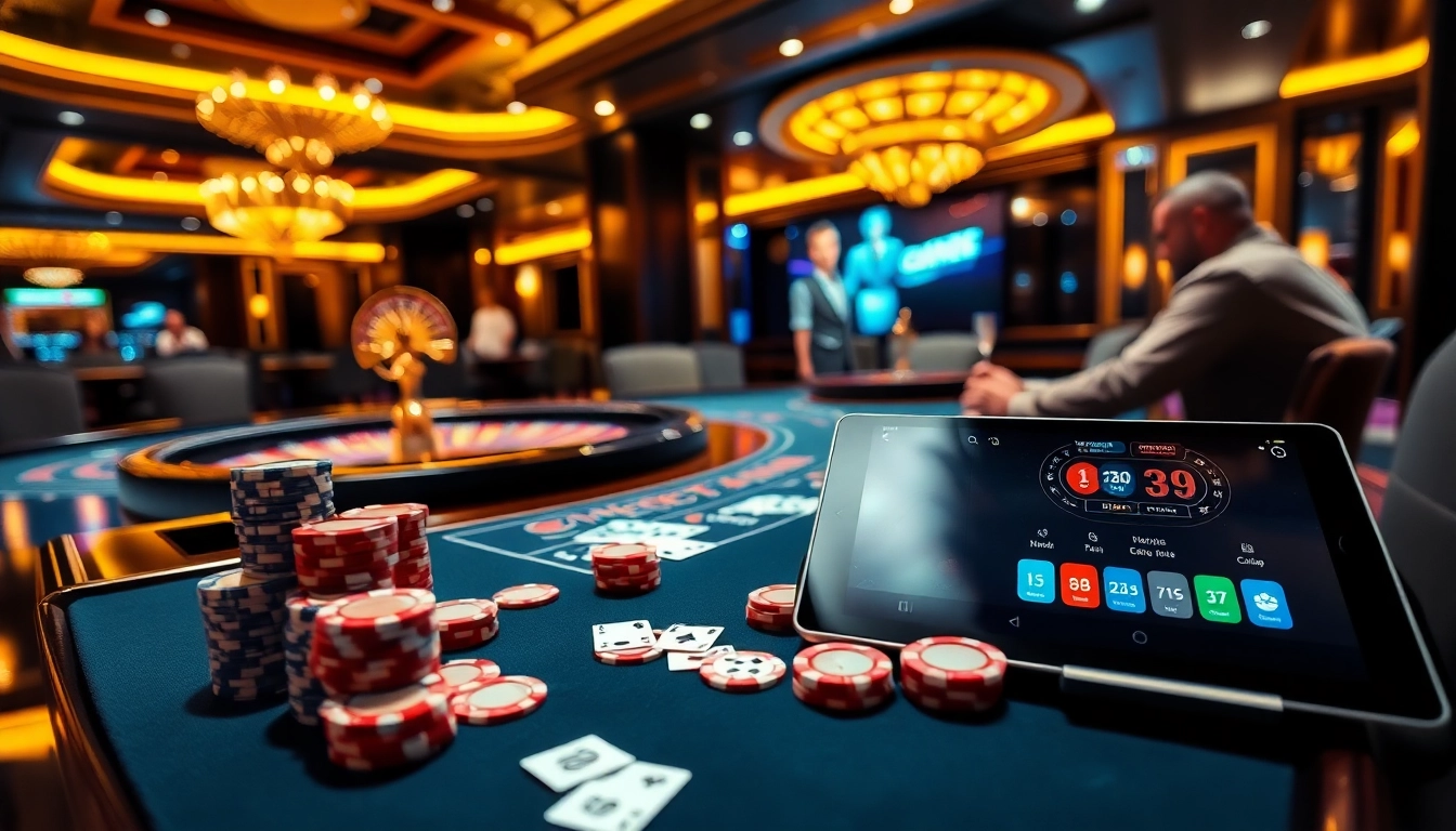 Experience CM88 app excitement in a vibrant casino scene with poker chips and cards.