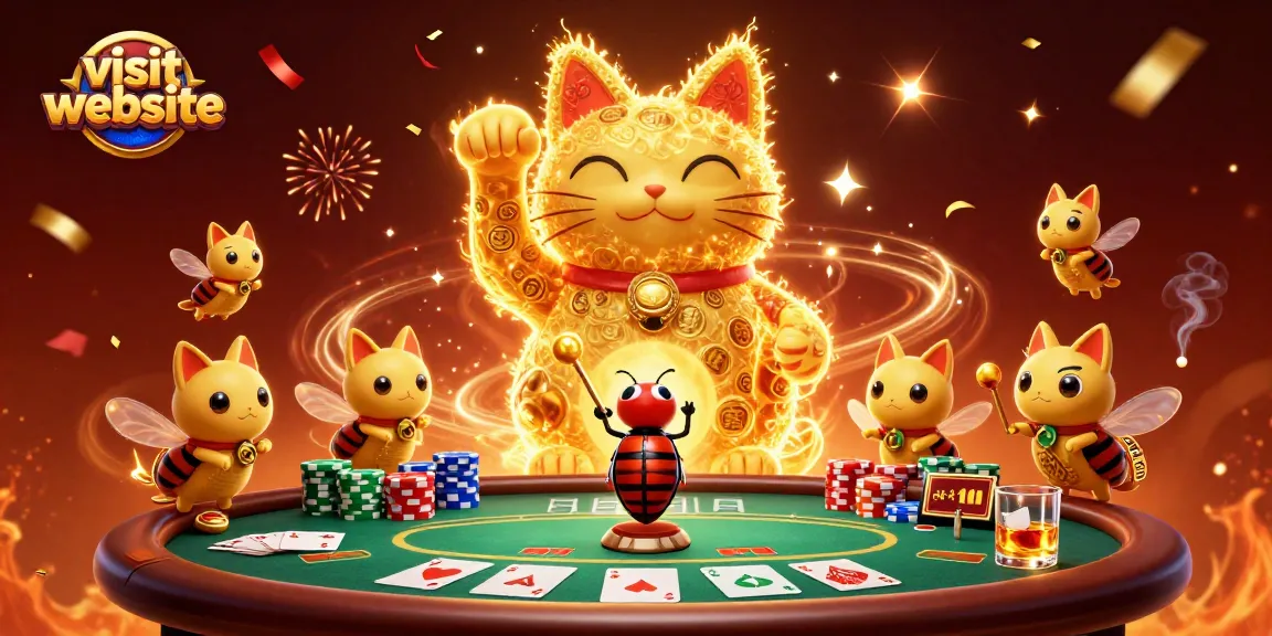 Engage in thrilling casino action as you visit website featuring a vibrant lucky cat and golden fireflies.