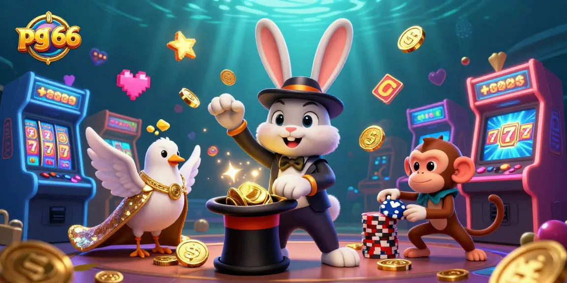 Play exciting games at pg 66, with a magician rabbit and monkey surrounded by jackpot elements.