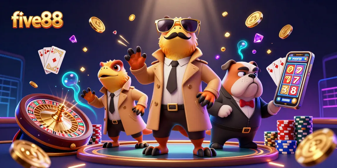 Experience five88 as three cartoon raptors attempt to enter a casino lounge, surrounded by vibrant game elements.