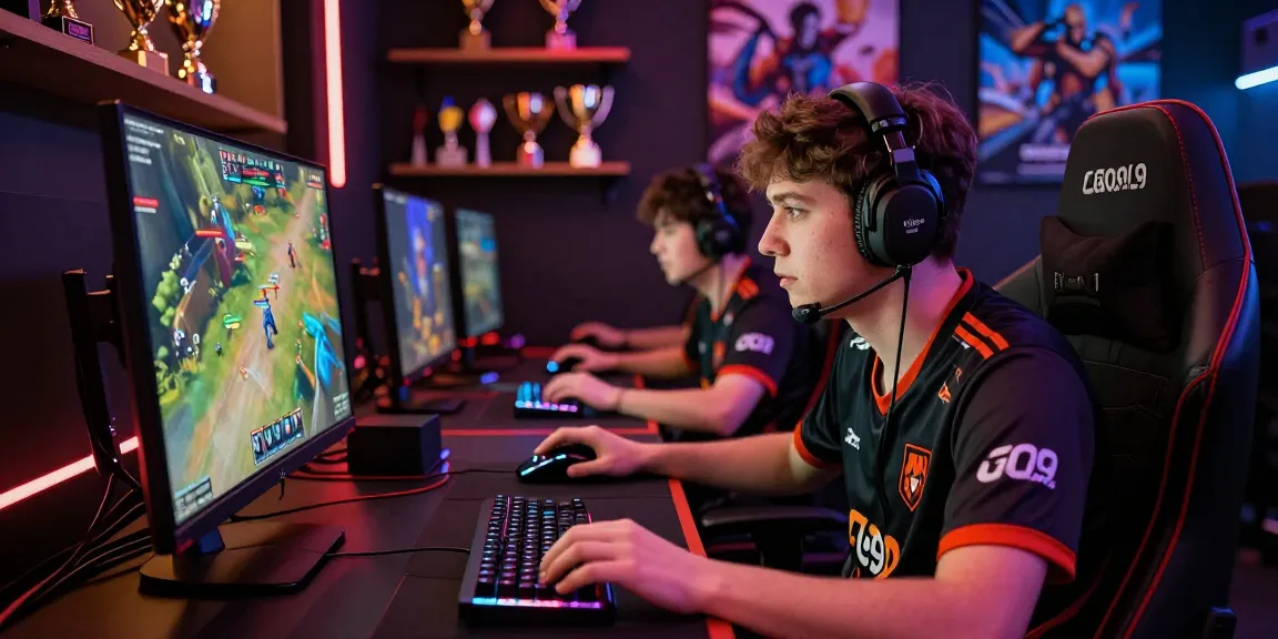 Esports player engaging in a competitive match at GO99 with vibrant graphics and gaming setup.