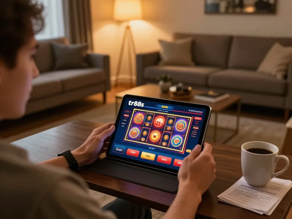 A person playing on the tr88s casino app at home, enjoying a comfortable online gambling experience.