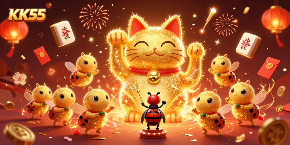Experience the vibrant world of KK55 with a dynamic lucky cat and casino symbols.