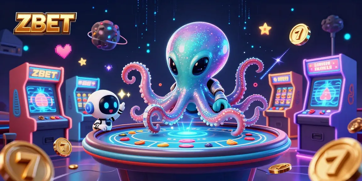 ZBET showcases a lively alien octopus at a poker table surrounded by vibrant gaming elements, creating an exciting atmosphere.