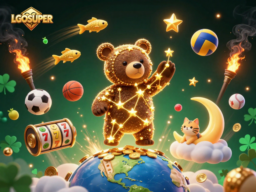 Engage with LGOSUPER's dynamic gaming experience featuring a cosmic bear and vibrant casino elements.