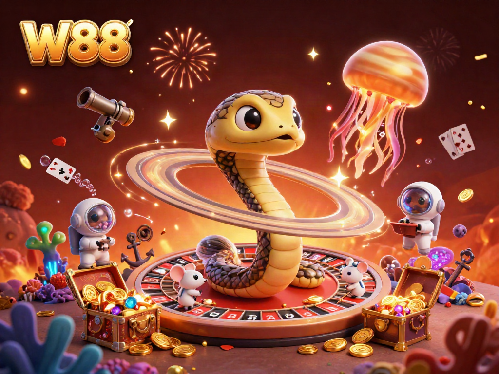 Experience thrilling gameplay at W88 with a vibrant 3D scene featuring a roulette wheel and gambler mice.