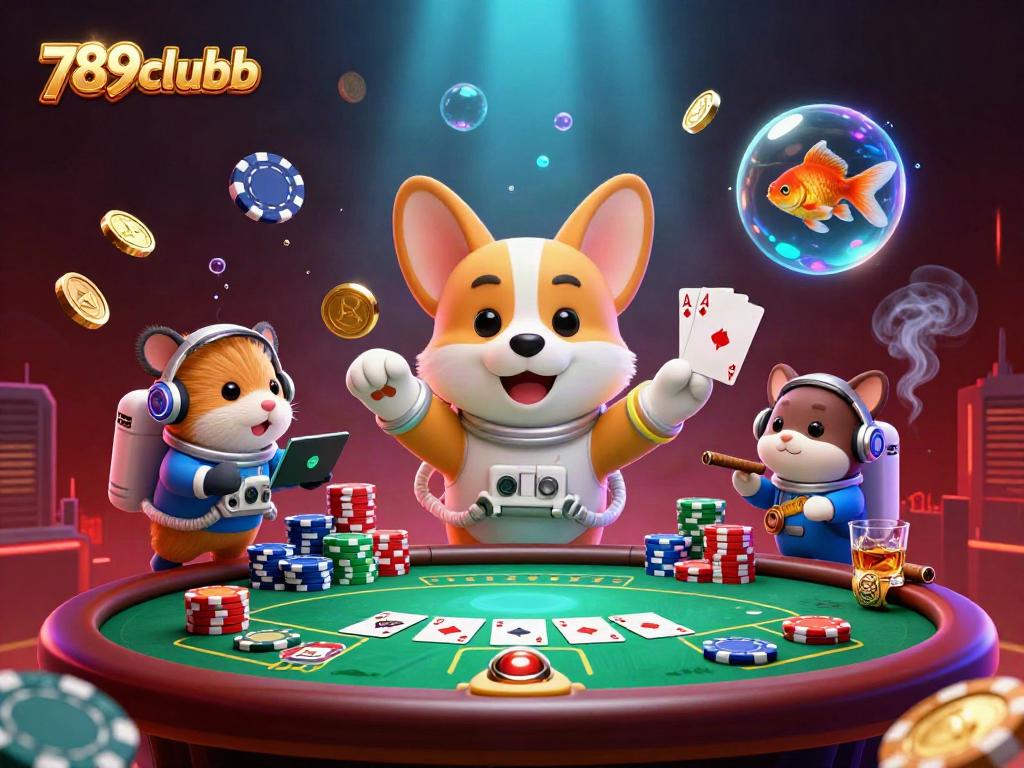 Engage with the vibrant 789clubb space casino scene featuring a corgi, hamster, and fish amidst poker elements.