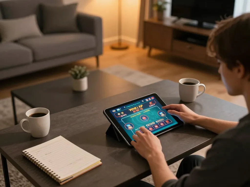Engaging in online gaming at CM88 COM with strategies displayed in a cozy living room setting