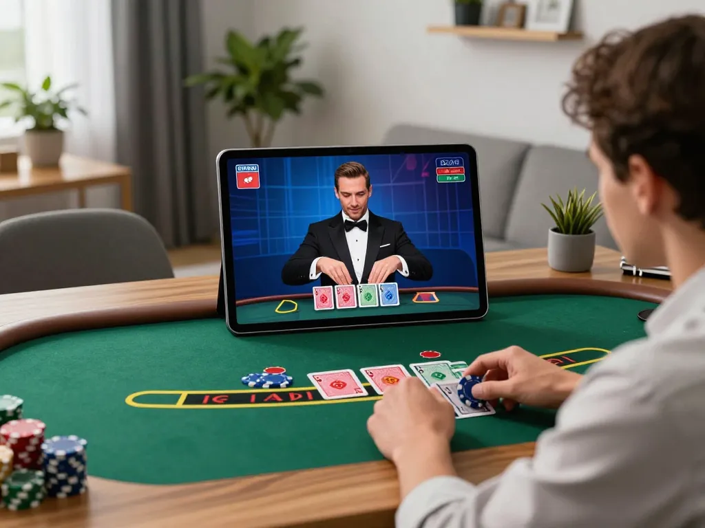 Player engaging in live dealer blackjack game on Fun88 app in a stylish home office setting, highlighting strategic online gambling.