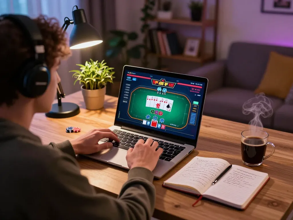 Duitgini user strategizing with notebook during online poker game at home setting.