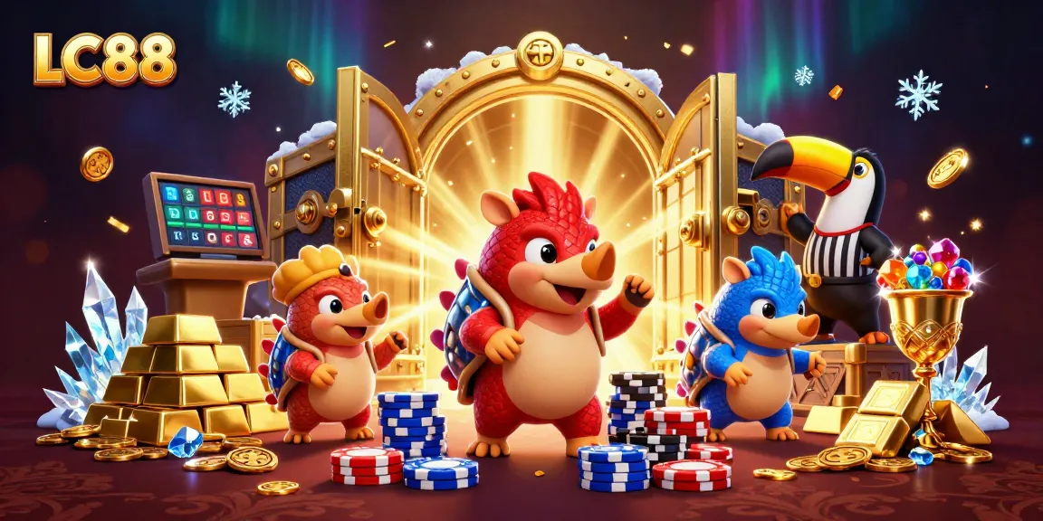 LC88 pangolins playing in a vibrant casino scene, celebrating wins in a dynamic environment.