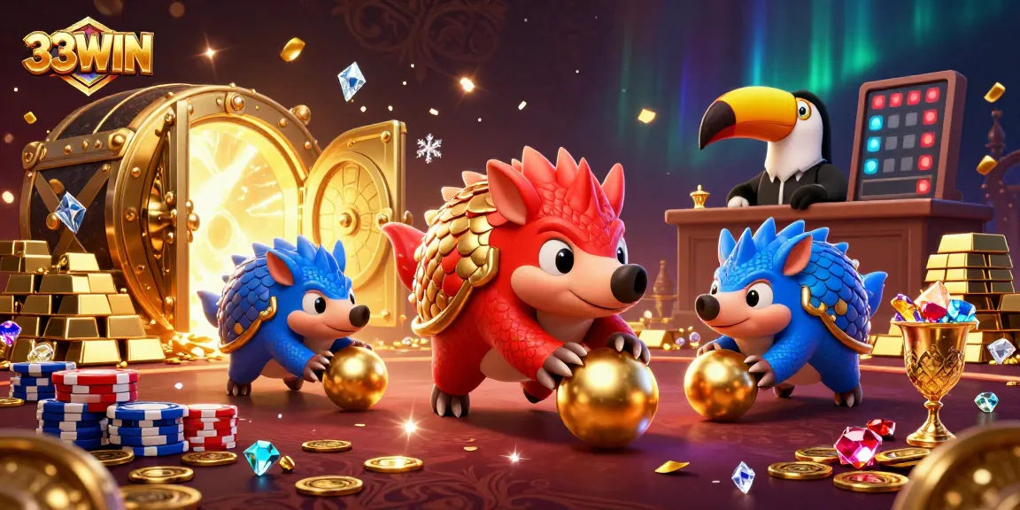 Experience thrilling gameplay at 33WIN with pangolins bowling through poker chips in a vibrant casino
