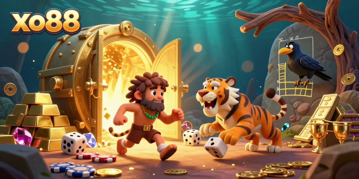 Experience dazzling wins at xo88 with a vibrant prehistoric casino scene featuring winnings and action-packed gaming elements.