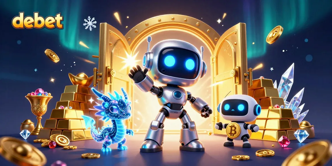 Bettors engage with debet’s thrilling casino games amidst a vibrant treasure-filled landscape.