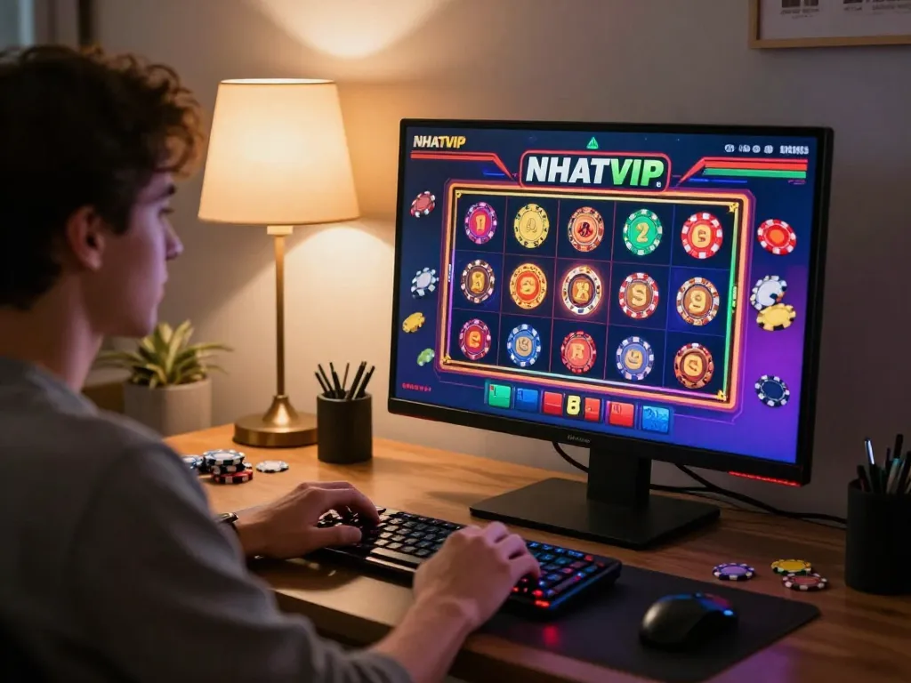 Engaged player enjoying NHATVIP online casino games on a sleek desktop setup