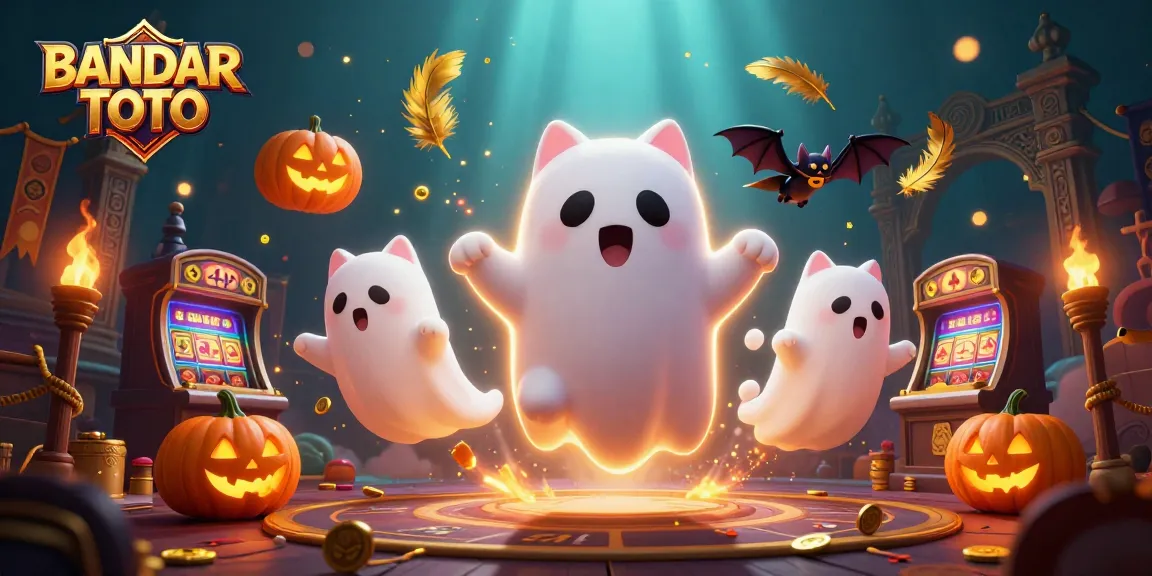 Engage with BANDAR TOTO in this vibrant 3D casino illustration featuring a ghost cat and bat!