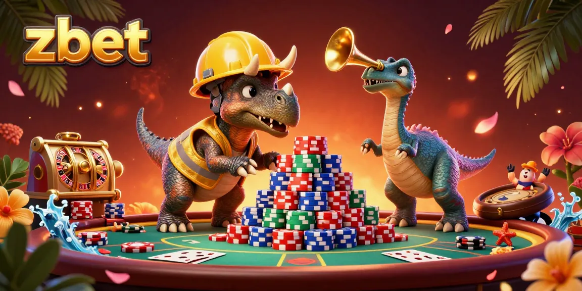 Zbet's vibrant casino scene showcases a triceratops building poker chips amid festive decorations.