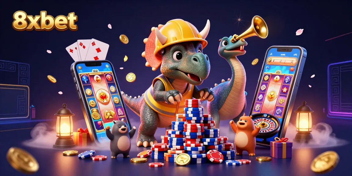 8xbet showcases an exciting casino scene with a triceratops building poker chips and joyous celebrations.