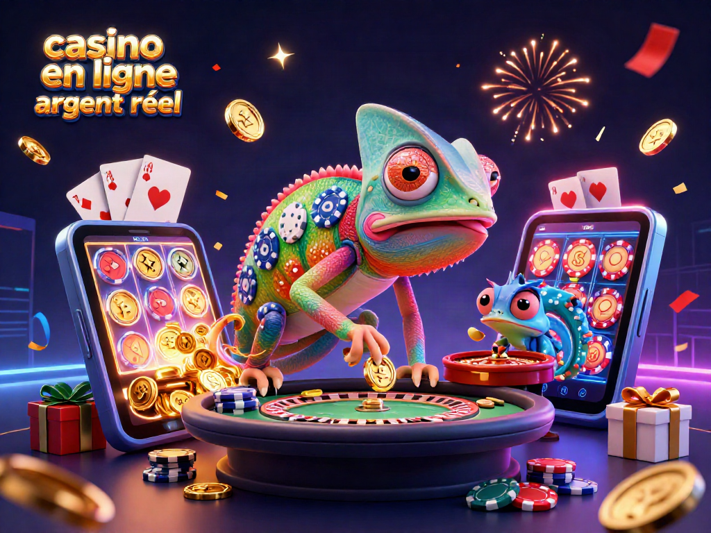 Jouez au casino en ligne argent réel avec le propriétaire caméléon coloré entouré de jeux et de pièces d'or